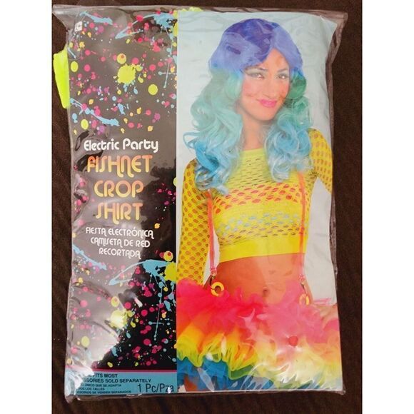 Neon Fishnet Crop Top Shirt Laser Cut 80s Electronica Costume Novelty Club Dance - Picture 3 of 5